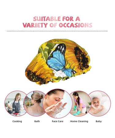 Sunflowers Blue Butterflies Shower Cap - Double Waterproof Layers, One Size Fits All Women - Ideal for Bathing, Large Design for All Hair Types - Buy Online on GoSupps.com