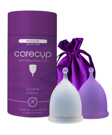 CareCup Menstrual Cups - Set of 2 Reusable Period Cups - Premium Design with Soft, Flexible, Medical-Grade Silicone + 1 Storage Bag (2 Regular Cups) Large (Pack of 2) Round Stem