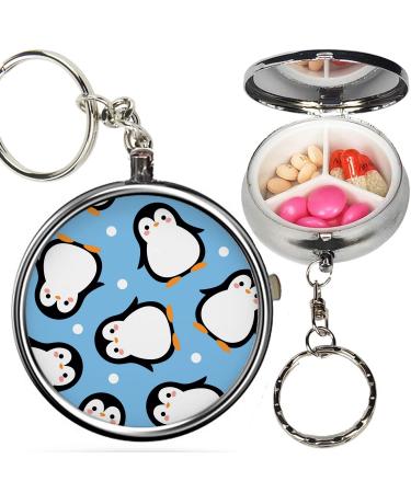 Pack of 2 - Portable Pill Organizer ( Cute Penguin Cartoon ) Metal Medicine Box 3 Compartment Stash Vitamin Meds Case with Keychain