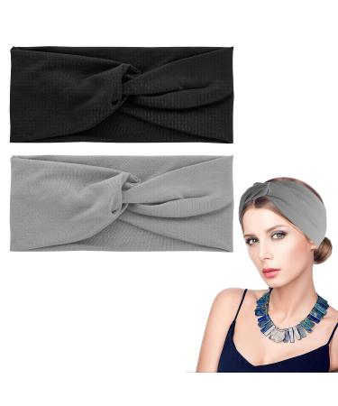 2PCS Black/Grey Turban Headbands for Women - Wide Stretch Head Wraps for Yoga, Running, and Sports - Fashion Hair Accessories for Girls - Buy Online on GoSupps.com