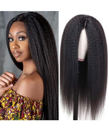 Veravicky Kinky Straight Lace Front Wigs Human Hair for Black Women, 24 inch 13x4 Yaki Straight Lace Frontal Wigs Pre Plucked Hairline with Baby Hair 150% Density Virgin Human Hair Glueless Lace Wig 24 Inch Kinky Straight