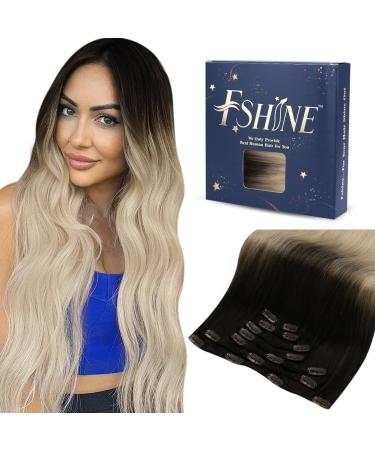 FSHINE CLIP Extensions Real hair Real hair extensions 40cm brown Fad to ashblond and platinum blonde thick remy smooth hair 120g 7 pieces #2/16/60 2.5 Clip #2/16/60 40cm