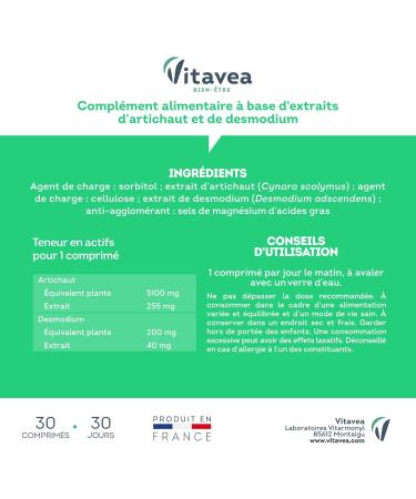 VITAVEA BIEN-ETRE - Artichoke Desmodium Detox dietary supplement - duo of active ingredients of natural origin - Elimination Digestion Well-being of the liver - 30 tablets - Made in France - Buy Online on GoSupps.com