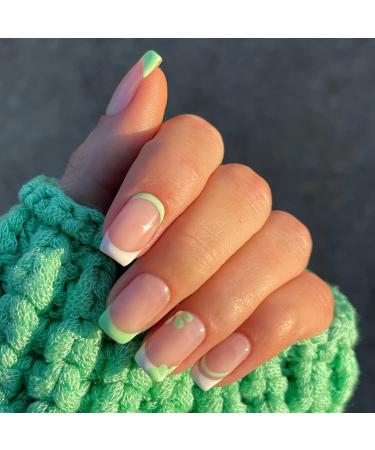 JUSTOTRY 24 Pcs Square False Nails Short Green French Press on Nails Flower Pattern Cute Floral Fake Nails Short with Nail Glue Nude Stick on Nails for Women Nails Fake Nail for Nails Art green square 1