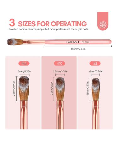 Saviland 3PCS Size 8/10/14 Kolinsky Acrylic Nail Brush Set | Pink Handle Professional Brushes for Nails Extension, 3D Nail Carving & Acrylic Application - Buy Online on GoSupps.com