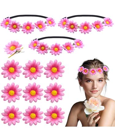 Oenothera 13 Pieces Daisy Headband Flower Crown Headband Flower Crown for Women Girls Wedding Festival Party Hair Headbands Accessories(Pink)