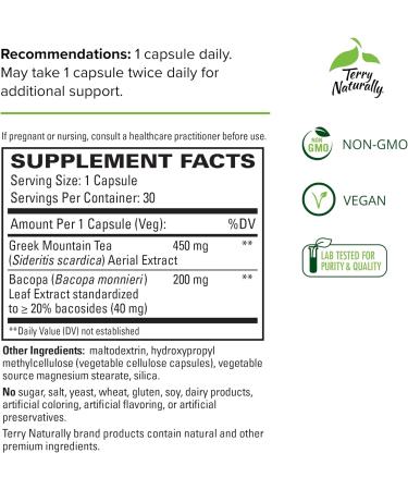 Terry Naturally GMT23 Greek Mountain Tea + Bacopa Capsules - Cognitive Health Support - Non-GMO Vegan - 30 Servings - Buy Online on GoSupps.com