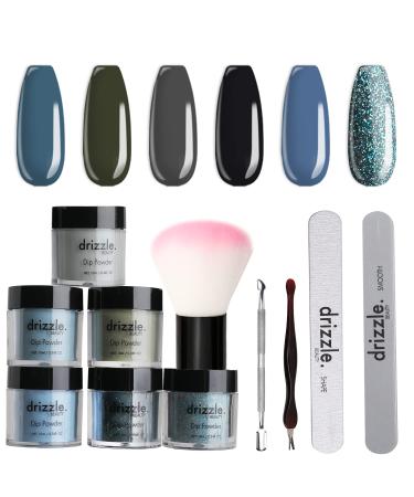 Drizzle Beauty Dipping Nail Powder Set Dark Blue Grey Glitter 6 Colors Dip Powder Nail Kit Starter for French Nail Style No LED Lamp Needed Denim