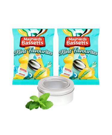 Maynards Bassetts Mint Favourites x 2 Bags 300g Retro Sweets Bundle with Silver Refillable Window Travel Tin