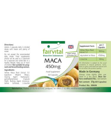 Fairvital | Maca 450mg Strong - with 4500mg of maca root per daily dose - Anti-stress Invigorating & Energy - High dosed - VEGAN - 60 capsules - Buy Online on GoSupps.com