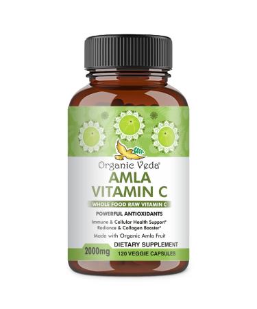 Organic Veda Amla Capsules Natural Vitamin C Supplements - Organic Whole Food Vitamin C Amla Powder for Immunity Skin Radiance Antioxidants Wellness - Non GMO Raw Vegan Vitamin C Capsules 120