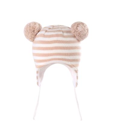 LANGZHEN Toddler Kids Infant Winter Hat Earflap Knit Warm Cap Fleece Lined Beanie for Baby Boys Girls 1-2 Years Beige-Stripe