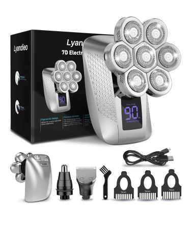 Head Shaver 7D, Lyandieo Upgrade Head Shavers for Bald Men Waterproof Electric Razor for Men with Nose Hair Trimmer Ergonomic Shaving Machines Wet/Dry Flexible Grooming Kit LED Display Rechargeable 7d Head Shaver Silver