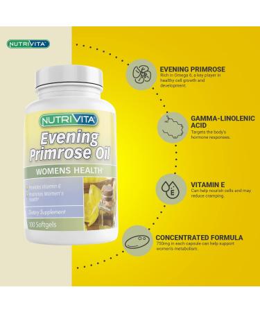 Nutrivita Evening Primrose Oil Capsules 750mg - Rich in Vitamin E & GLA - 100 Soft Gels for Women - Buy Online on GoSupps.com