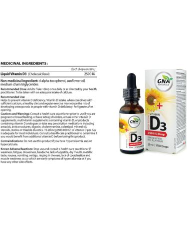 GNA Naturals Vitamin D3 Drops 2500 IU 30ml - Liquid Vitamin D3 for Adults - High Potency Flavorless Easy to Absorb - Pure D3 Supplement for Daily Wellness - Supports Bone Heart and Teeth Health - Buy Online on GoSupps.com