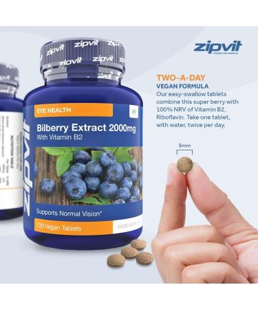Bilberry Extract 2000mg + Vitamin B2 120 Vegan Tablets for Normal Vision | Vegetarian Society Approved | UK Supplier - Buy Online on GoSupps.com