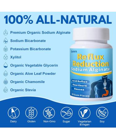 QUBIT Reflux Chewing Gum Sodium Alginate Bicarbonate Gum for Acid Reflux Heartburn Indigestion & Nausea Taste Well Gourmet Raft Barrier on Stomach Sugar-Free Vegan 60 Pieces - Buy Online on GoSupps.com