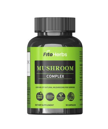 FitoHerbs Mushroom Complex - Shiitake, Lions Mane, Cordyceps, Turkey Tail, Maitake, Reishi, Agaricus Mushrooms Supplement Capsules - Cognitive Improvement - Immune Support - Energy Booster - 90 Caps