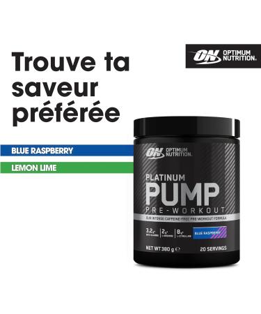 Optimum Nutrition ON Platinum PUMP Pre-Workout Intense and Caffeine-free Dietary Supplement with Fruitflow Beta-Alanine L-Arginine L-Citrulline Blue Raspberry Flavor 20 Servings 380 g - Buy Online on GoSupps.com