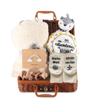 Newborn gift tobogganing baby gift set baby gift boy baby gift girls 7 in 1 set - with blanket ceiling cloth wooden rattles with elephant pendants bibs socks souvenir box milk white - Buy Online on GoSupps.com
