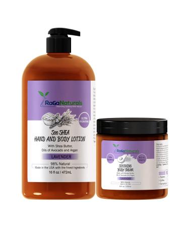 RaGaNaturals Lavender Body Lotion 16fl oz and Body Cream 8fl oz, Ultra Hydrating Moisturizer for Women, Men, Babies and Kids.