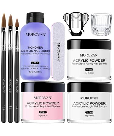 Morovan Acrylic Nail Kit - Acrylic Powder and Professional Monomer Liquid set with Acrylic Nail Brush Nail Forms tips for Acrylic Nails Extension Beginner kit A-white  pink  clear