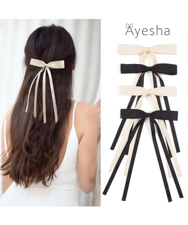 Ayesha Hair Bows 4pcs Set - Long Tail Ribbon Barrettes for Women Girls - Black & Beige Hair Accessories - Buy Online on GoSupps.com