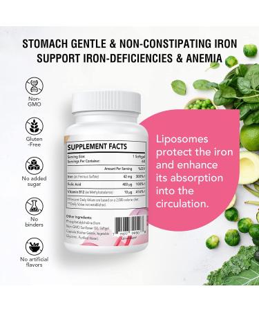 Liposomal Iron Supplement 42mg with Folic Acid & Vitamin B12 | Increase Iron Levels | Stomach Friendly | 60 Count - Buy Online on GoSupps.com