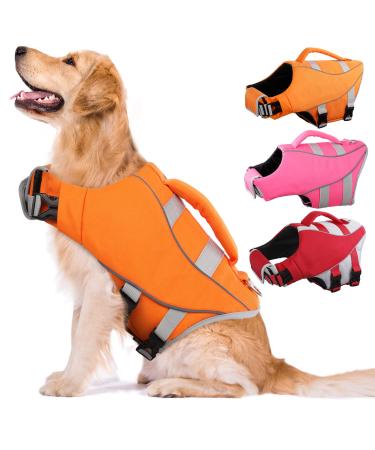 Kuoser Dog Life Jacket, Adjustable Dog Life Vest with Reflective Piping Ripstop Dog Lifesaver Pet Life Preserver with High Flotation for Small Medium and Large Dogs at The Pool, Beach,Boating Large (Chest Girth:22.8-29.5'') Yellow
