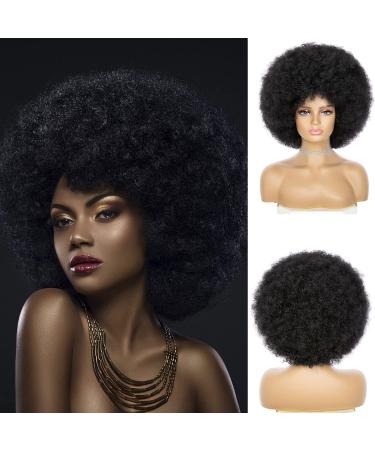 Afro Wig - Soft Afro Wig 70s For Women Afro Kinky Curly Hair Wigs With Bangs Natural Looking Short Afro Curly Wig For Men Bouncy Black Afro Puff Wig Synthetic Hair Big Afro Wig For Daily Party Use Natural Black