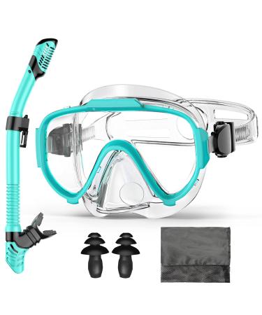 Snorkel Set for Adult Youth Men Womens Snorkeling Gear Goggles and Snorkel Set Anti Leak Anti-Fog Dry Snorkel Mask for Snorkeling Swimming and Scuba Diving with Carrying Bag Green