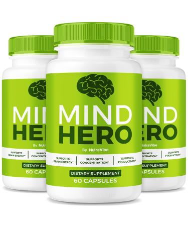 NutraVibe (3 Pack) Mind Hero Capsules - Brain Supplement and Memory Support | MindHero Pills for Daily Focus and Performance All-Natural Ingredients Easy-to-Swallow Official Reviews (180 Capsules)