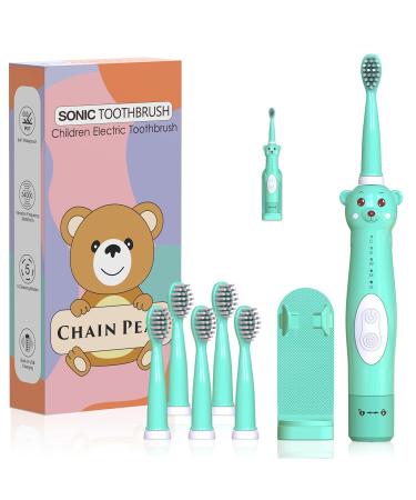 CHAIN PEAK Kids Sonic Electric Toothbrush Cute Bear Rechargeable Toothbrush for Children Boys Girls Age 3-12 with 30s Reminder 2 Min Timer 5 Modes 6 Brush Heads Wall-Mounted Holder Green+6 Heads+ Holder