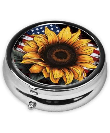 Sunflower & American Flag Portable Metal Pill Box | Round Mini 3-Compartment | Travel-Friendly Design | Ideal for Small Pills - Buy Online on GoSupps.com