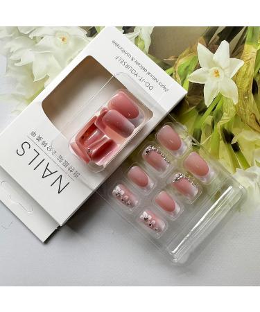 24 Pcs Gradient Pink French Tip Press on Nails with Rhinestones & Flowers - Medium Square False Nails for Women - Buy Online on GoSupps.com