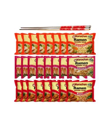 Ja Cor Instant Ramen Noodle Soup Variety Pack 3 Flavors (8) Chicken (8) Shrimp (8) Beef Flavor Noodles Bulk 3 oz Bundle with 1-Set of Reusable Chopsticks (24 Individual Packs)