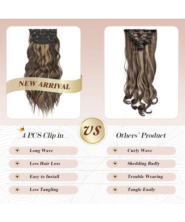 Feshfen Clip-In Hair Extensions - 4PCs Synthetic Wavy Extensions Chocolate Brown & Caramel Blonde Highlights - 50 cm for Women - Buy Online on GoSupps.com