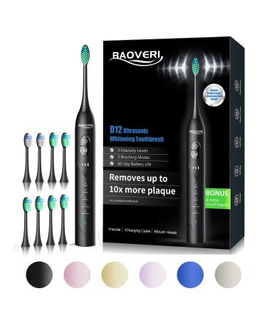 BAOVERI Electric Toothbrush with 8 Brush Heads for Adults&Kids, Ultrasonic Electric Toothbrushes, 5 Modes&3 Intensity Levels, 2 Minutes Smart Timer, 4 Hours Fast Charge for 60 Days (Black)