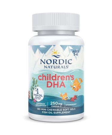 Nordic Naturals Children's DHA 250mg Omega-3 Cod Liver Oil Strawberry Flavor with EPA & DHA 180 Soft Capsules Lab Tested Soy Free Gluten Free Non-GMO