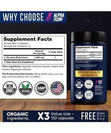L Tyrosine 1000MG Capsules - Natural Focus & Energy Supplement - Non-GMO, Gluten-Free, Vegan - 150 Capsules x 500mg - Buy Now! - Buy Online on GoSupps.com