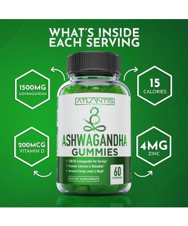 Atlantis Nutrition Ashwagandha Gummies - 1500 MG Per Serving - Promotes Calmness Improves Mood Boosts Energy Levels & Strengthens Immune System - Formulated with Vitamin D & Zinc - Vegan | 60 Count - Buy Online on GoSupps.com