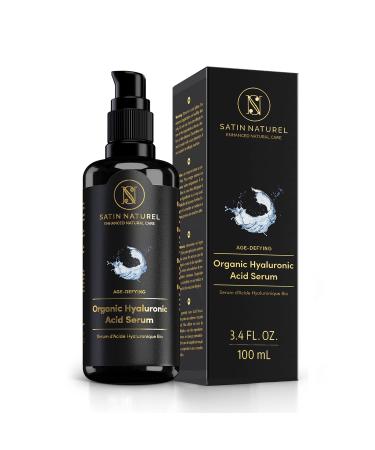 Organic Hyaluronic Acid Serum Face Moisturizer for Sensitive Skin (100ml) - Dermatologically Tested  Organic Ingredients  No Harmful Chemichals - Reduces Wrinkles and Fine Lines - Satin Naturel