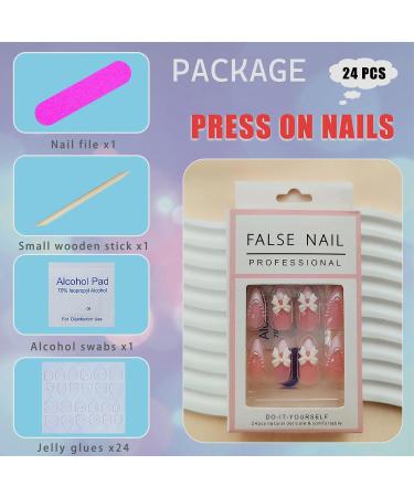 White French Tip Press on Nails - Almond Medium Glue-on Acrylic Nails with Pearls & Bow Designs | 24pcs Glossy False Nails for Women & Girls - Buy Online on GoSupps.com