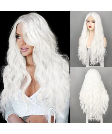 WECAN Long White Wigs for Women 28 Inches White Color Long Wavy Lace Wig Heat Synthetic Wig Middle Part Natural Looking Silky Lace Wavy Wig for Daily Use Halloween Cosplay Wig 28 Inch White