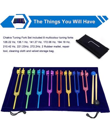 Chakra Tuning Forks Set for Healing - 7 Chakra+1 Soul Purpose Weighted Forks - Aluminum Alloy - Multicolour - Includes Rubber Mallet and Velvet Storage Bag - 126.22 Hz to 172.06 Hz Frequencies - Buy Online on GoSupps.com