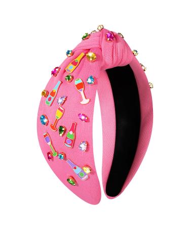 Champagne Headband for Women Hot Pink Champagne Glass Headband Embellished Rhinestone Crystal Knotted Headband Holiday New Year s Eve Birthday Hair Accessories Bachelorette Party (Champagne Bottle 4)