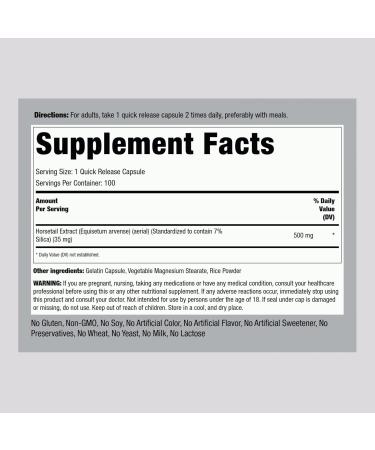 Piping Rock Silica Supplement 500mg | 100 Capsules - Horsetail Extract for Hair Bones & Nails | Gluten Free & Non-GMO - Buy Internationally - Buy Online on GoSupps.com