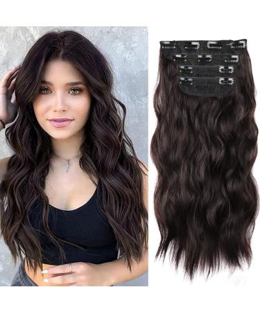 Clip in extensions brown hair extension like real hair cheap clips hair part extensions for women long wavy double weft brunette synthetic hair for women 4 parts set dark brown (6a#) 50cm 077b