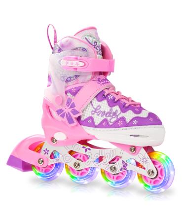 HYKID Adjustable Inline Skates for Girls Women, Floral Motif with Full Light Up Wheels, Trimmable Insole Included Indoor Outdoor Skating Shoes Purple Large - (US Size 5-7)