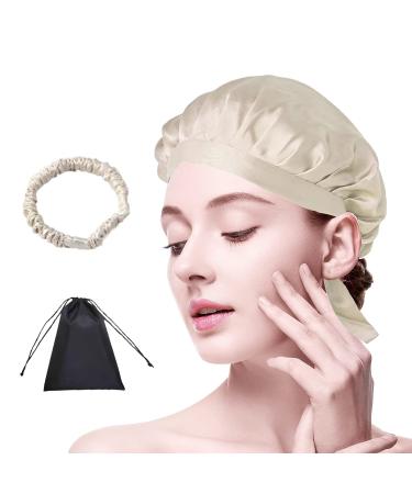 Silk Bonnet 100% Mulberry 19 Momme Silk Sleep Cap with Adjustable Ribbons VLINK Beige